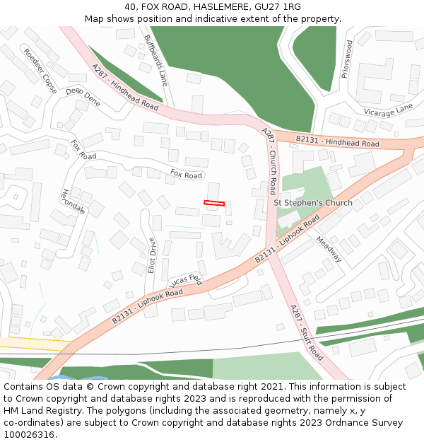 40, FOX ROAD, HASLEMERE, GU27 1RG: Location map and indicative extent of plot