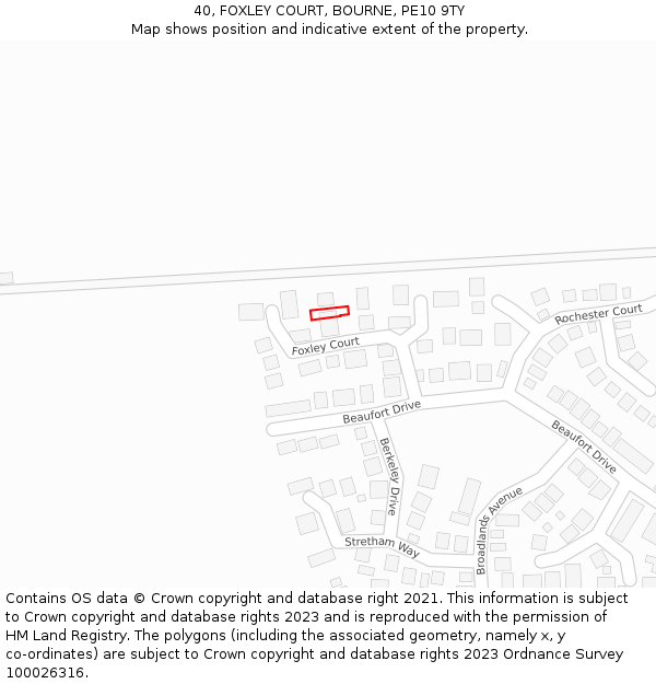 40, FOXLEY COURT, BOURNE, PE10 9TY: Location map and indicative extent of plot