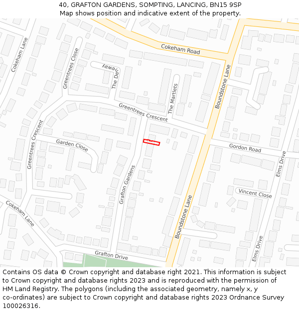 40, GRAFTON GARDENS, SOMPTING, LANCING, BN15 9SP: Location map and indicative extent of plot