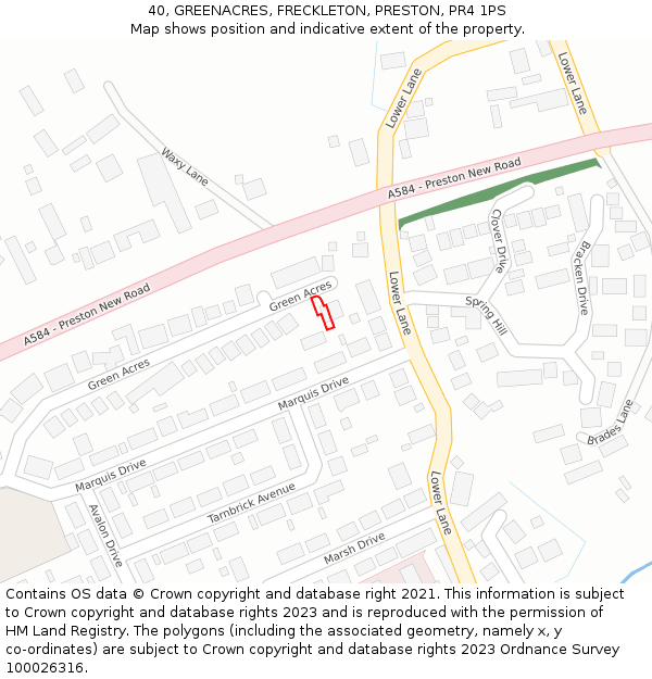 40, GREENACRES, FRECKLETON, PRESTON, PR4 1PS: Location map and indicative extent of plot