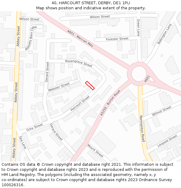 40, HARCOURT STREET, DERBY, DE1 1PU: Location map and indicative extent of plot