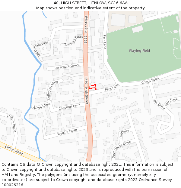 40, HIGH STREET, HENLOW, SG16 6AA: Location map and indicative extent of plot