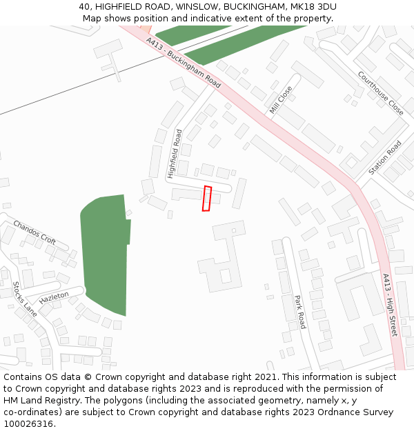 40, HIGHFIELD ROAD, WINSLOW, BUCKINGHAM, MK18 3DU: Location map and indicative extent of plot