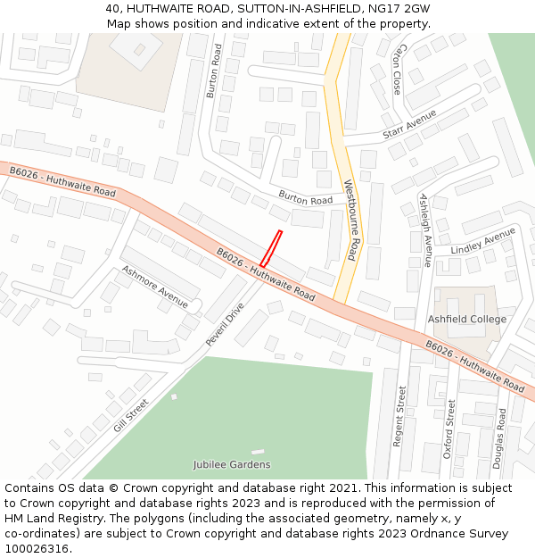 40, HUTHWAITE ROAD, SUTTON-IN-ASHFIELD, NG17 2GW: Location map and indicative extent of plot
