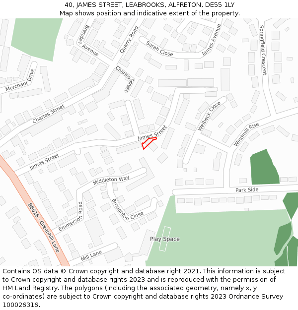 40, JAMES STREET, LEABROOKS, ALFRETON, DE55 1LY: Location map and indicative extent of plot