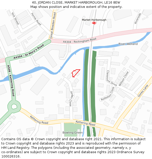 40, JORDAN CLOSE, MARKET HARBOROUGH, LE16 8EW: Location map and indicative extent of plot