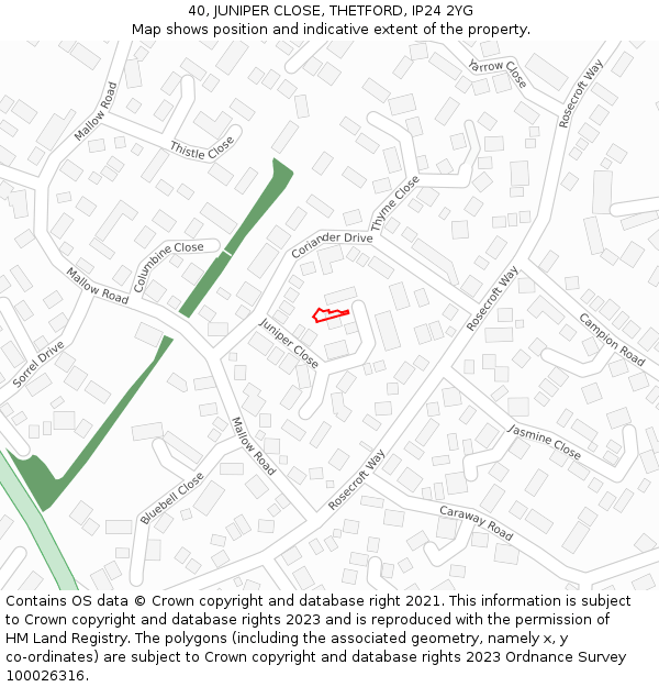 40, JUNIPER CLOSE, THETFORD, IP24 2YG: Location map and indicative extent of plot