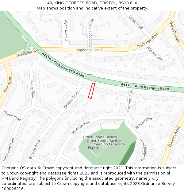 40, KING GEORGES ROAD, BRISTOL, BS13 8LX: Location map and indicative extent of plot