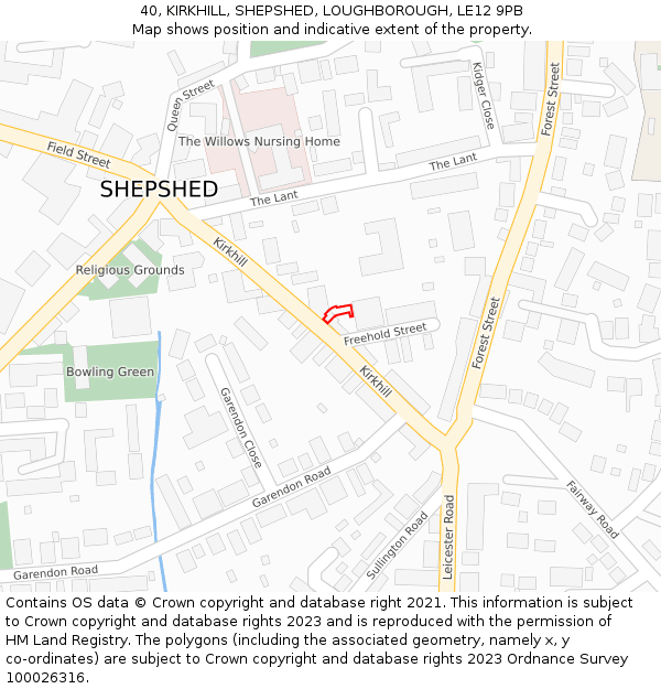 40, KIRKHILL, SHEPSHED, LOUGHBOROUGH, LE12 9PB: Location map and indicative extent of plot