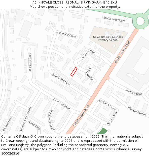40, KNOWLE CLOSE, REDNAL, BIRMINGHAM, B45 8XU: Location map and indicative extent of plot