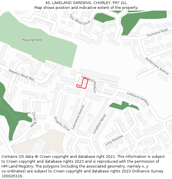 40, LAKELAND GARDENS, CHORLEY, PR7 2LL: Location map and indicative extent of plot