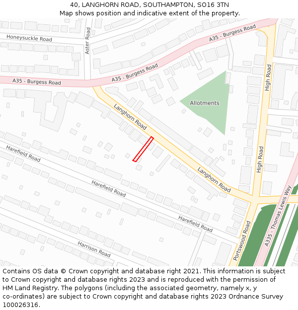 40, LANGHORN ROAD, SOUTHAMPTON, SO16 3TN: Location map and indicative extent of plot