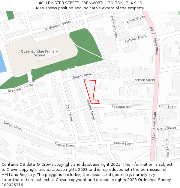 40, LEINSTER STREET, FARNWORTH, BOLTON, BL4 9HS: Location map and indicative extent of plot