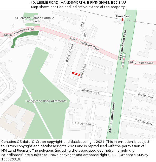 40, LESLIE ROAD, HANDSWORTH, BIRMINGHAM, B20 3NU: Location map and indicative extent of plot