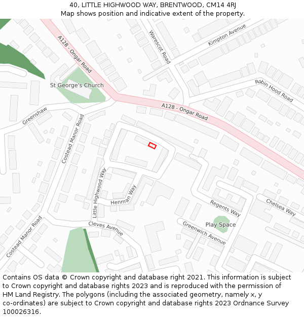 40, LITTLE HIGHWOOD WAY, BRENTWOOD, CM14 4RJ: Location map and indicative extent of plot