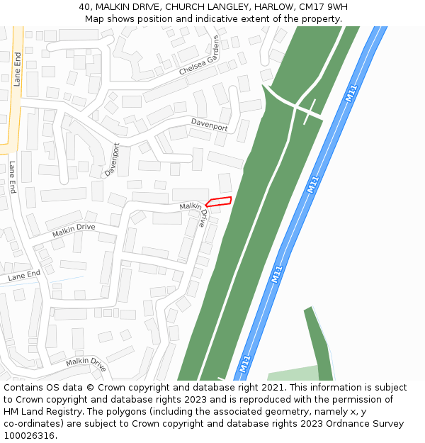 40, MALKIN DRIVE, CHURCH LANGLEY, HARLOW, CM17 9WH: Location map and indicative extent of plot