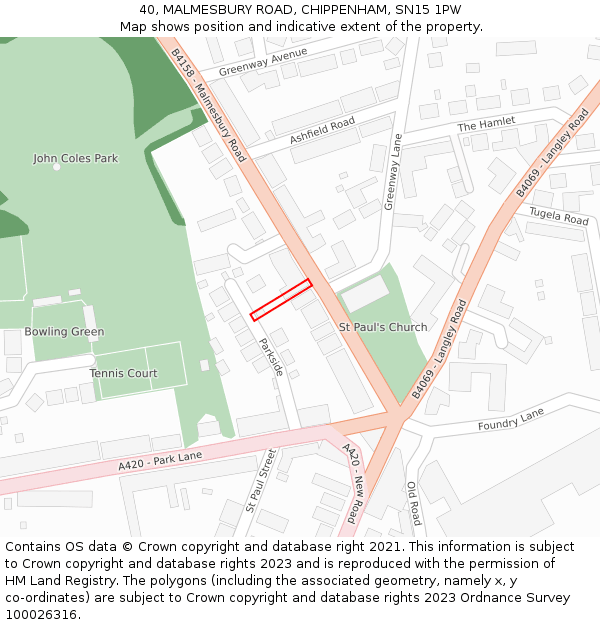 40, MALMESBURY ROAD, CHIPPENHAM, SN15 1PW: Location map and indicative extent of plot