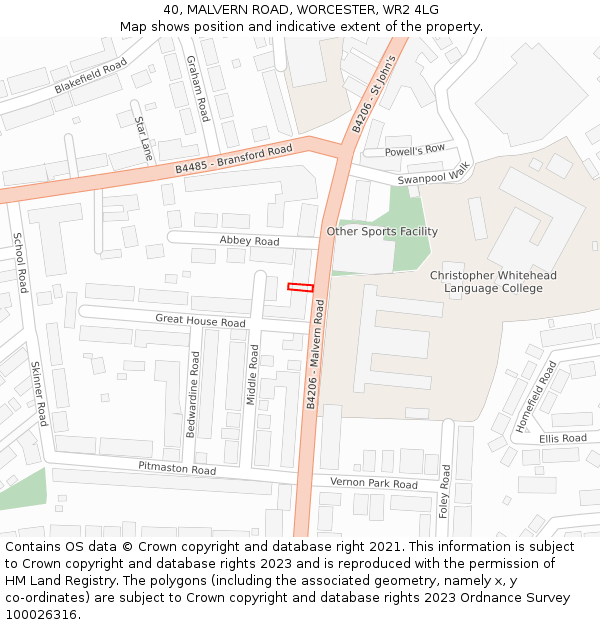 40, MALVERN ROAD, WORCESTER, WR2 4LG: Location map and indicative extent of plot