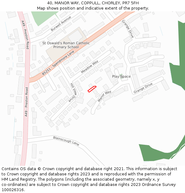 40, MANOR WAY, COPPULL, CHORLEY, PR7 5FH: Location map and indicative extent of plot