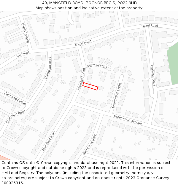 40, MANSFIELD ROAD, BOGNOR REGIS, PO22 9HB: Location map and indicative extent of plot