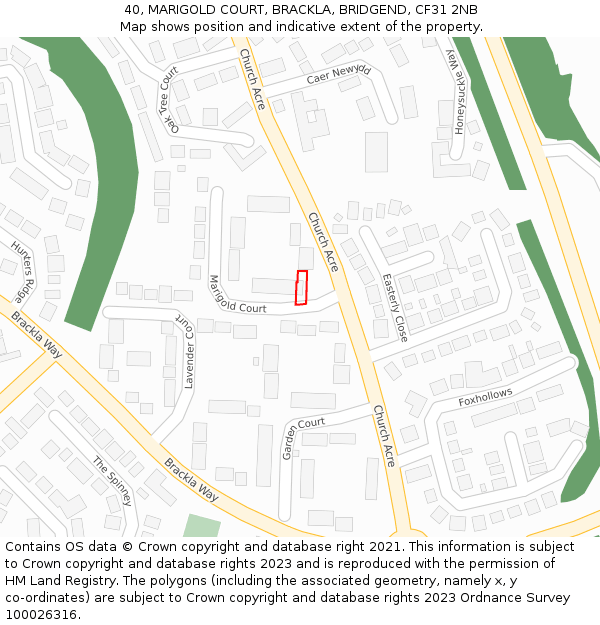 40, MARIGOLD COURT, BRACKLA, BRIDGEND, CF31 2NB: Location map and indicative extent of plot