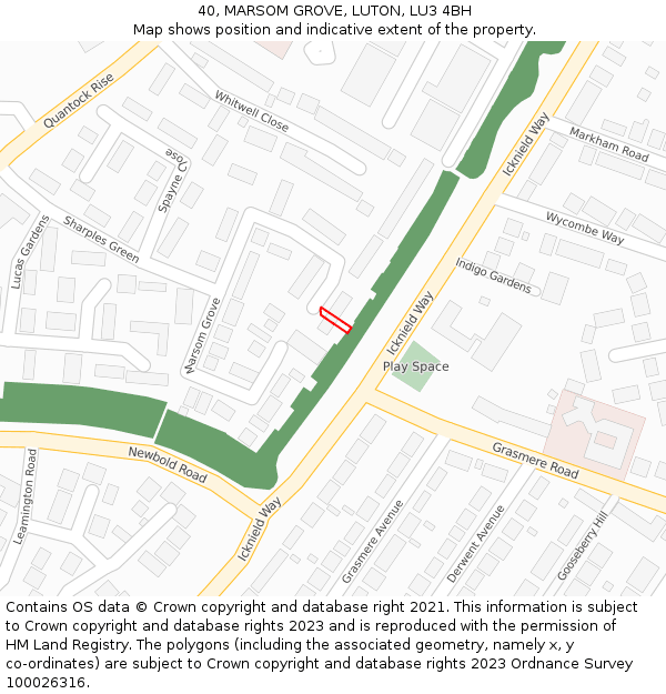 40, MARSOM GROVE, LUTON, LU3 4BH: Location map and indicative extent of plot