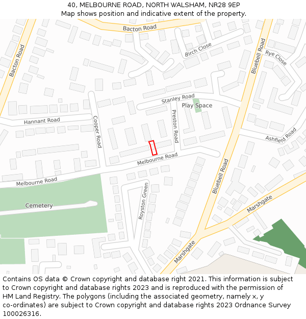 40, MELBOURNE ROAD, NORTH WALSHAM, NR28 9EP: Location map and indicative extent of plot