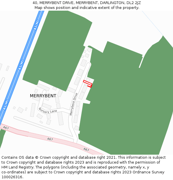 40, MERRYBENT DRIVE, MERRYBENT, DARLINGTON, DL2 2JZ: Location map and indicative extent of plot