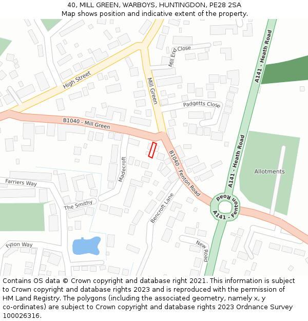 40, MILL GREEN, WARBOYS, HUNTINGDON, PE28 2SA: Location map and indicative extent of plot