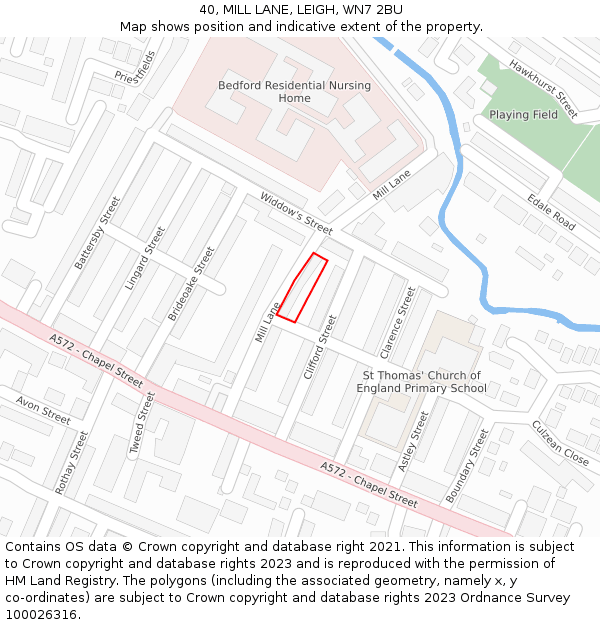 40, MILL LANE, LEIGH, WN7 2BU: Location map and indicative extent of plot