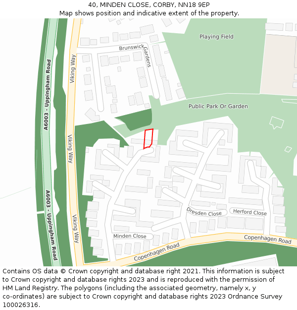 40, MINDEN CLOSE, CORBY, NN18 9EP: Location map and indicative extent of plot