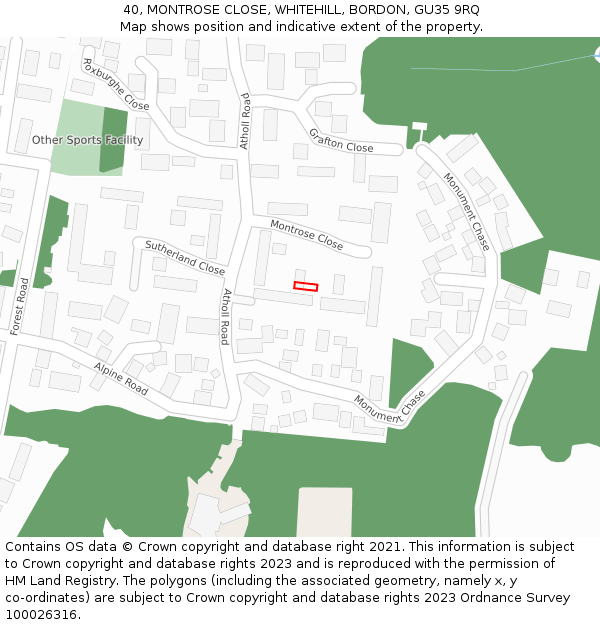 40, MONTROSE CLOSE, WHITEHILL, BORDON, GU35 9RQ: Location map and indicative extent of plot