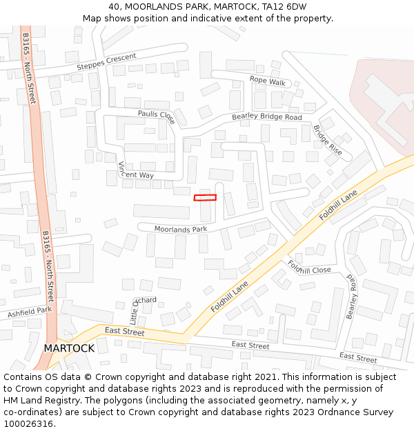 40, MOORLANDS PARK, MARTOCK, TA12 6DW: Location map and indicative extent of plot