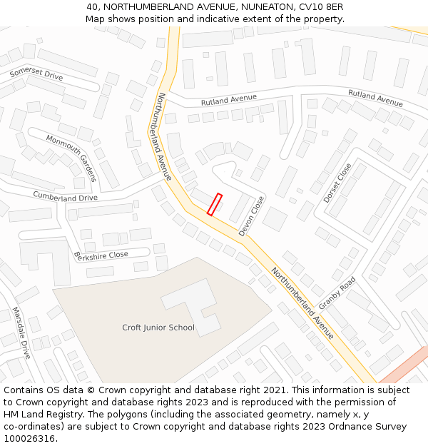 40, NORTHUMBERLAND AVENUE, NUNEATON, CV10 8ER: Location map and indicative extent of plot