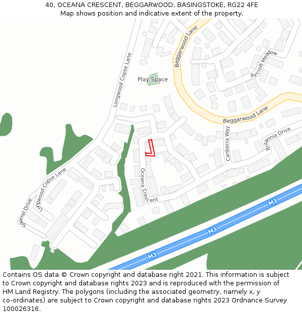 40, OCEANA CRESCENT, BEGGARWOOD, BASINGSTOKE, RG22 4FE: Location map and indicative extent of plot