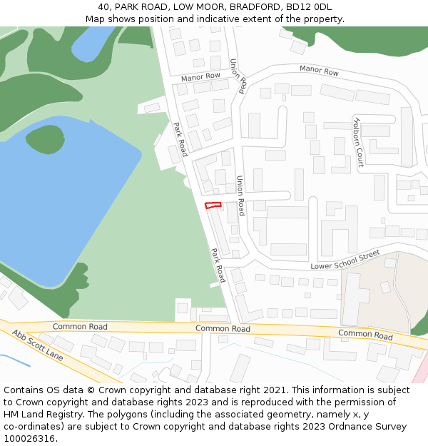 40, PARK ROAD, LOW MOOR, BRADFORD, BD12 0DL: Location map and indicative extent of plot