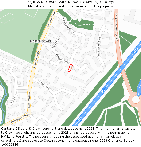 40, PEPPARD ROAD, MAIDENBOWER, CRAWLEY, RH10 7QS: Location map and indicative extent of plot