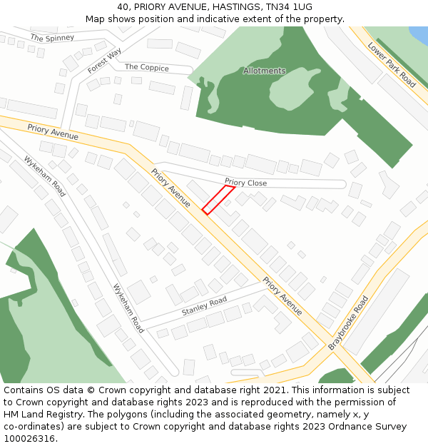 40, PRIORY AVENUE, HASTINGS, TN34 1UG: Location map and indicative extent of plot