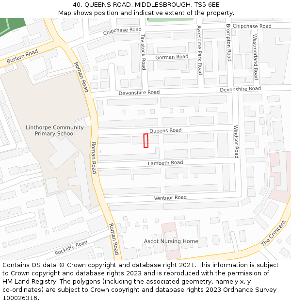 40, QUEENS ROAD, MIDDLESBROUGH, TS5 6EE: Location map and indicative extent of plot
