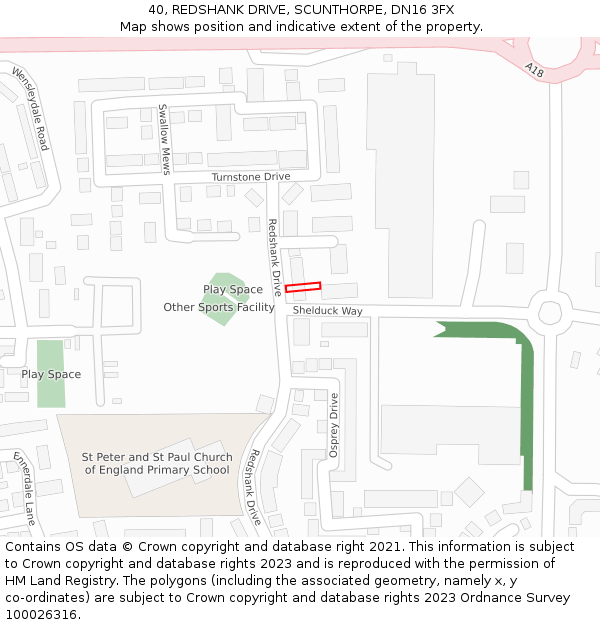 40, REDSHANK DRIVE, SCUNTHORPE, DN16 3FX: Location map and indicative extent of plot