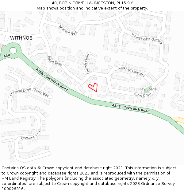 40, ROBIN DRIVE, LAUNCESTON, PL15 9JY: Location map and indicative extent of plot