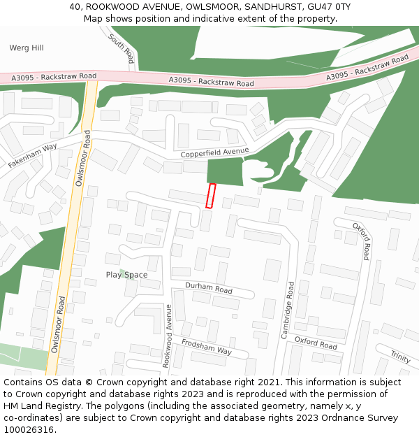 40, ROOKWOOD AVENUE, OWLSMOOR, SANDHURST, GU47 0TY: Location map and indicative extent of plot