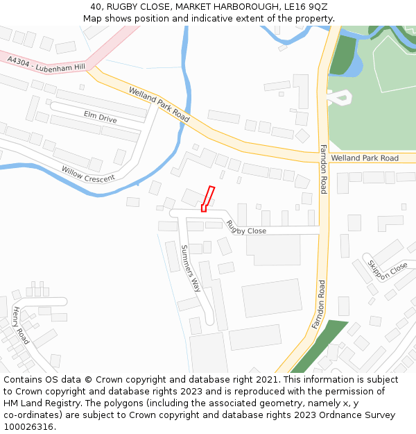 40, RUGBY CLOSE, MARKET HARBOROUGH, LE16 9QZ: Location map and indicative extent of plot