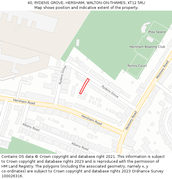 40, RYDENS GROVE, HERSHAM, WALTON-ON-THAMES, KT12 5RU: Location map and indicative extent of plot