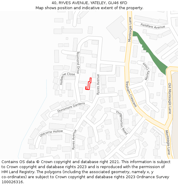 40, RYVES AVENUE, YATELEY, GU46 6FD: Location map and indicative extent of plot