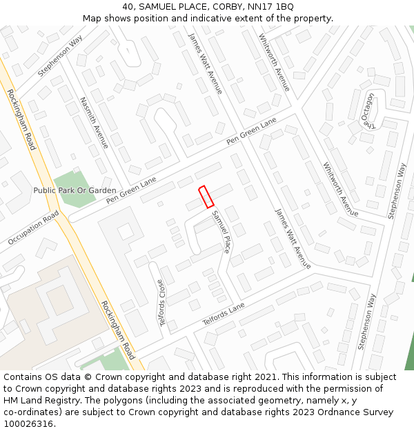 40, SAMUEL PLACE, CORBY, NN17 1BQ: Location map and indicative extent of plot