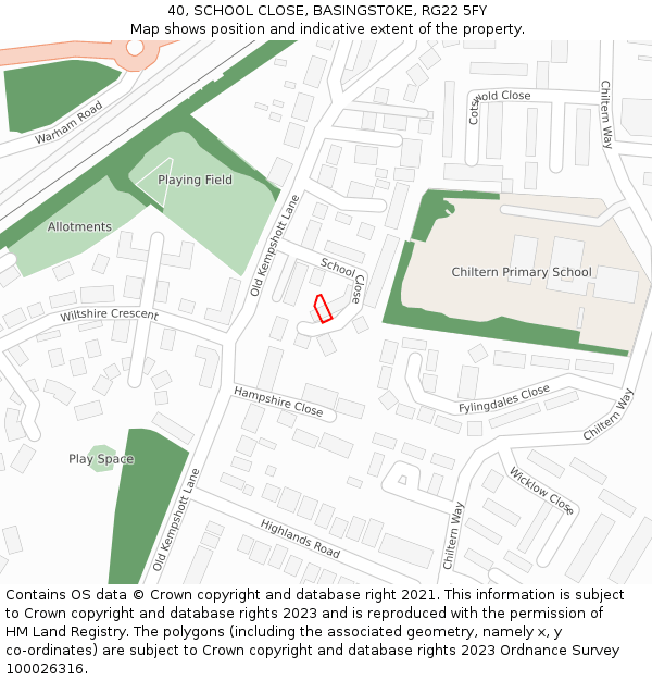 40, SCHOOL CLOSE, BASINGSTOKE, RG22 5FY: Location map and indicative extent of plot