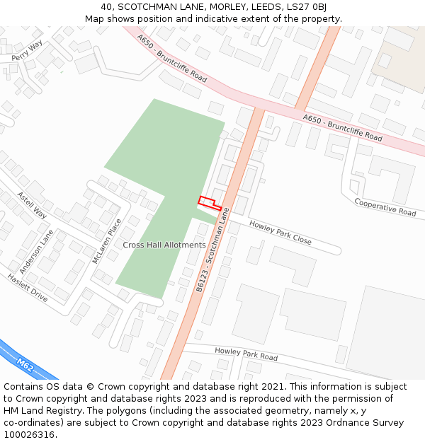 40, SCOTCHMAN LANE, MORLEY, LEEDS, LS27 0BJ: Location map and indicative extent of plot