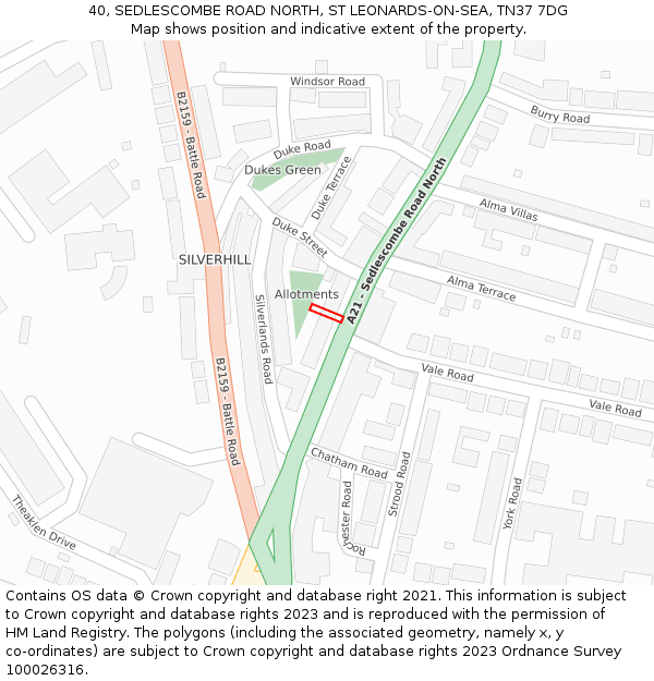 40, SEDLESCOMBE ROAD NORTH, ST LEONARDS-ON-SEA, TN37 7DG: Location map and indicative extent of plot