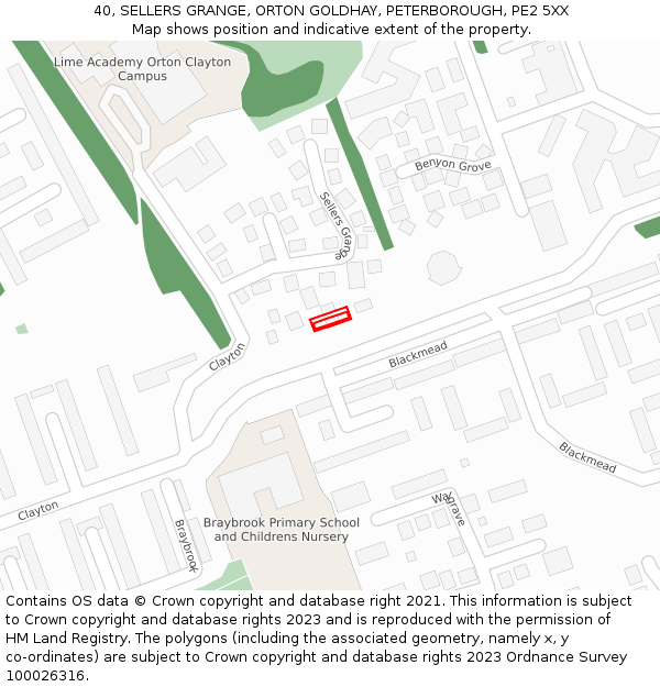 40, SELLERS GRANGE, ORTON GOLDHAY, PETERBOROUGH, PE2 5XX: Location map and indicative extent of plot